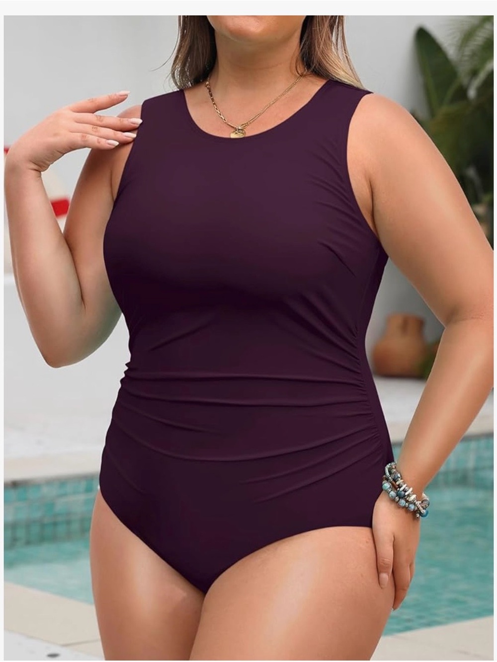Plus-Size Sleeveless One-Piece Swimsuit in Deep Plum - Picture 3 of 4